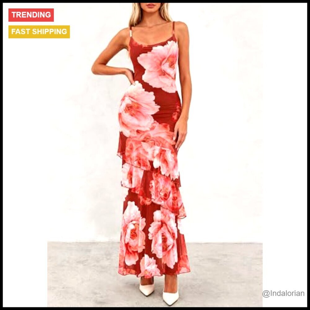 Tiered Floral Maxi Dress Spaghetti Strap Beach Wedding Guest Long Sundress - Picture 6 of 7